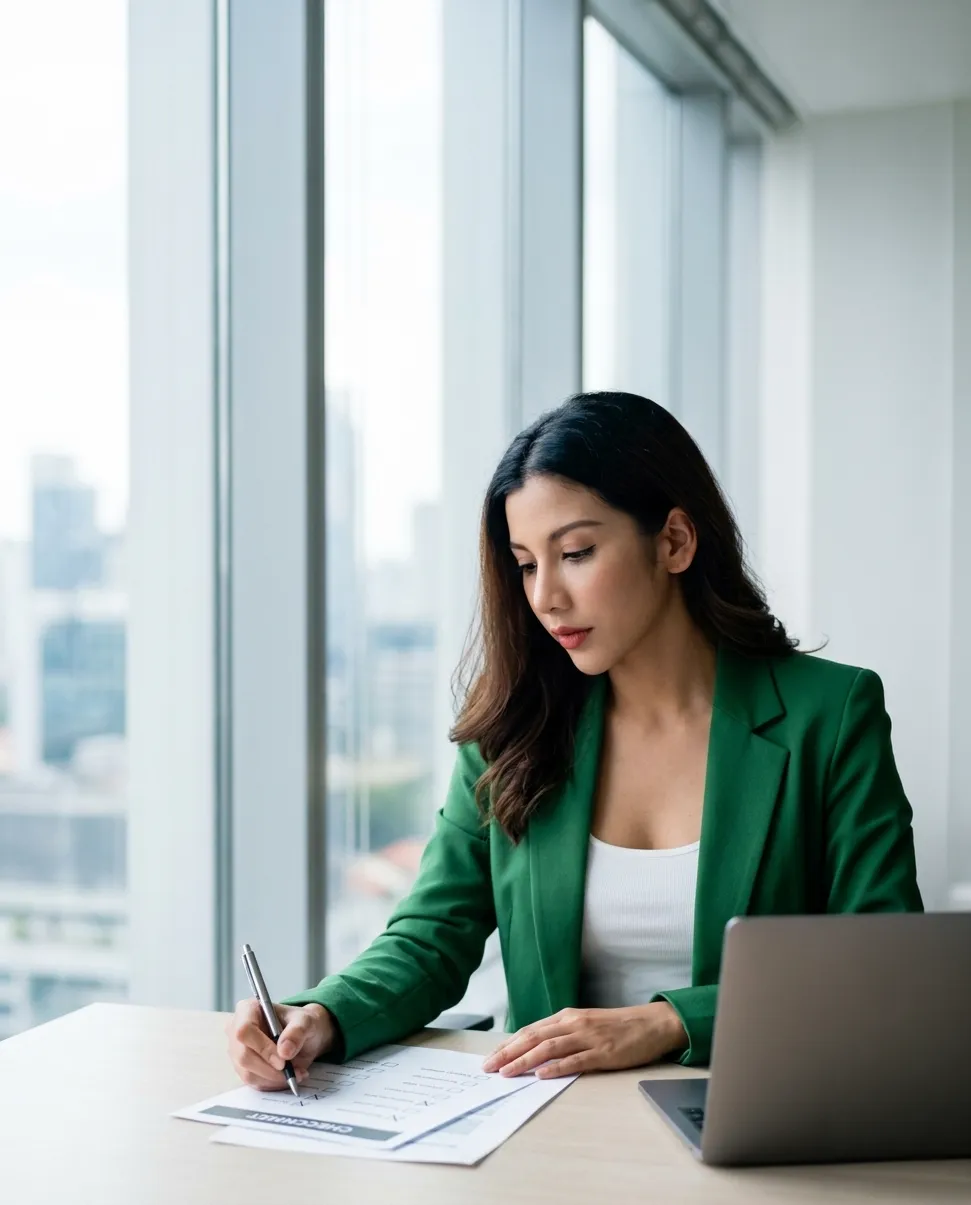 Woman in green blazer reviewing loan documents