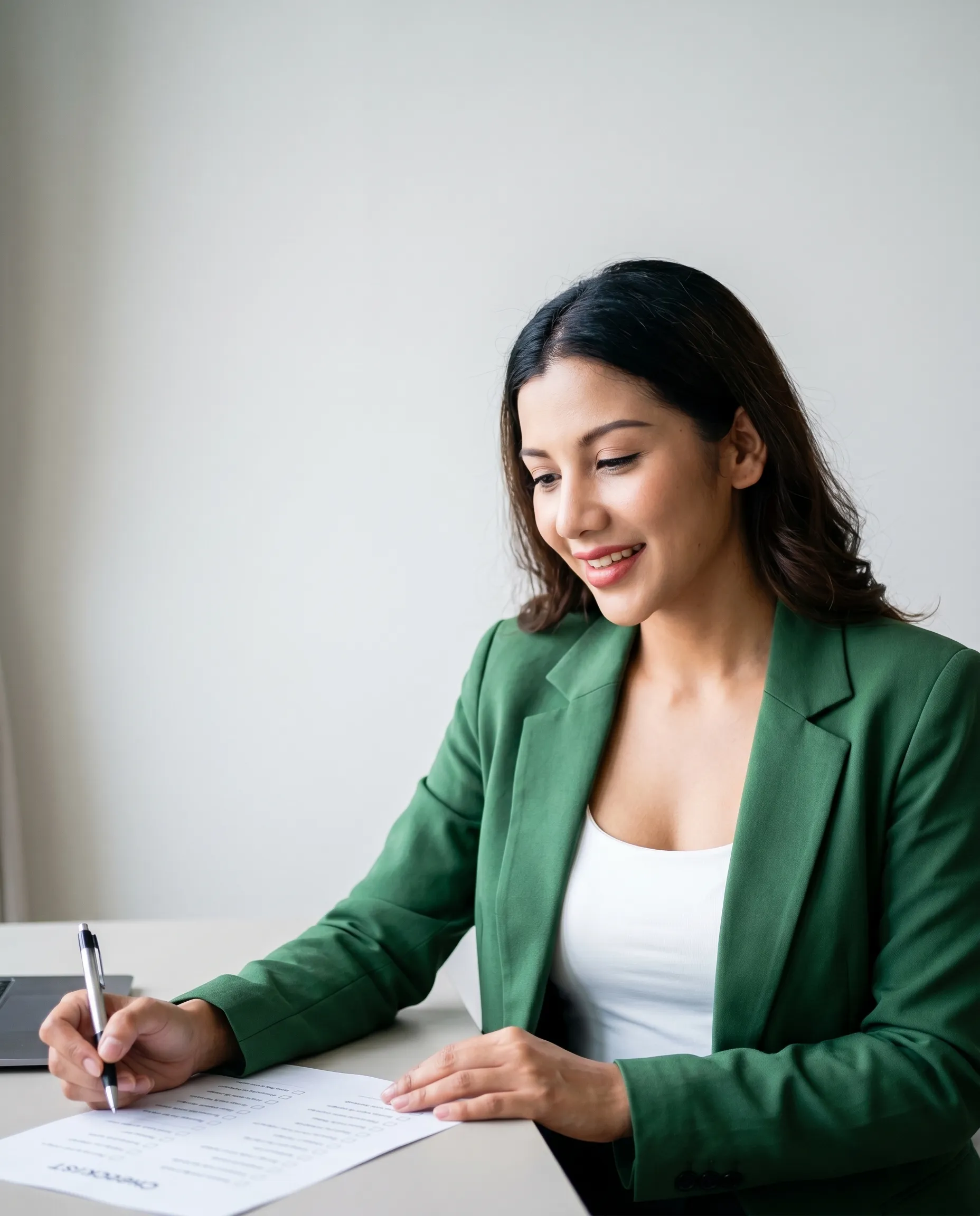 Woman in green blazer reviewing loan documents